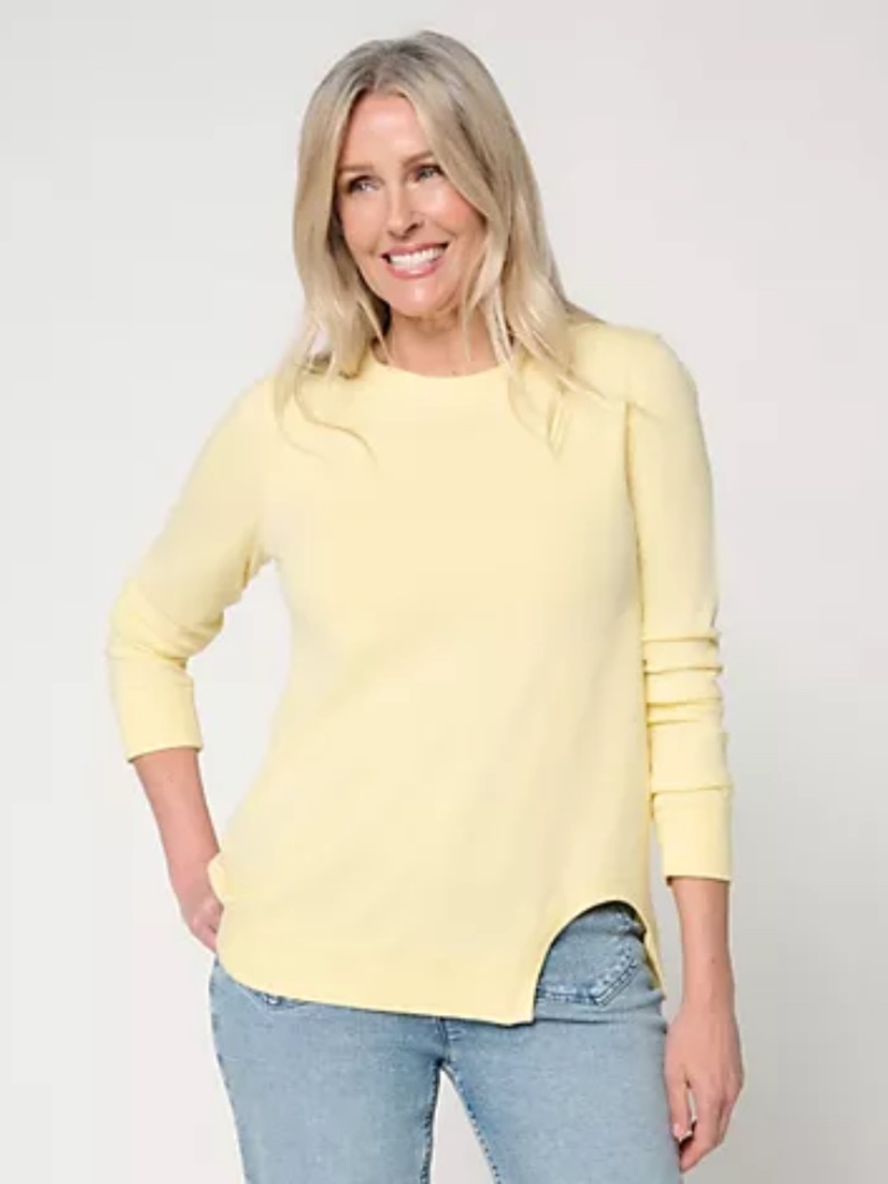 Peace Love World Crew Neck Tunic with Cutout Hem, Banana Sz XS a723303